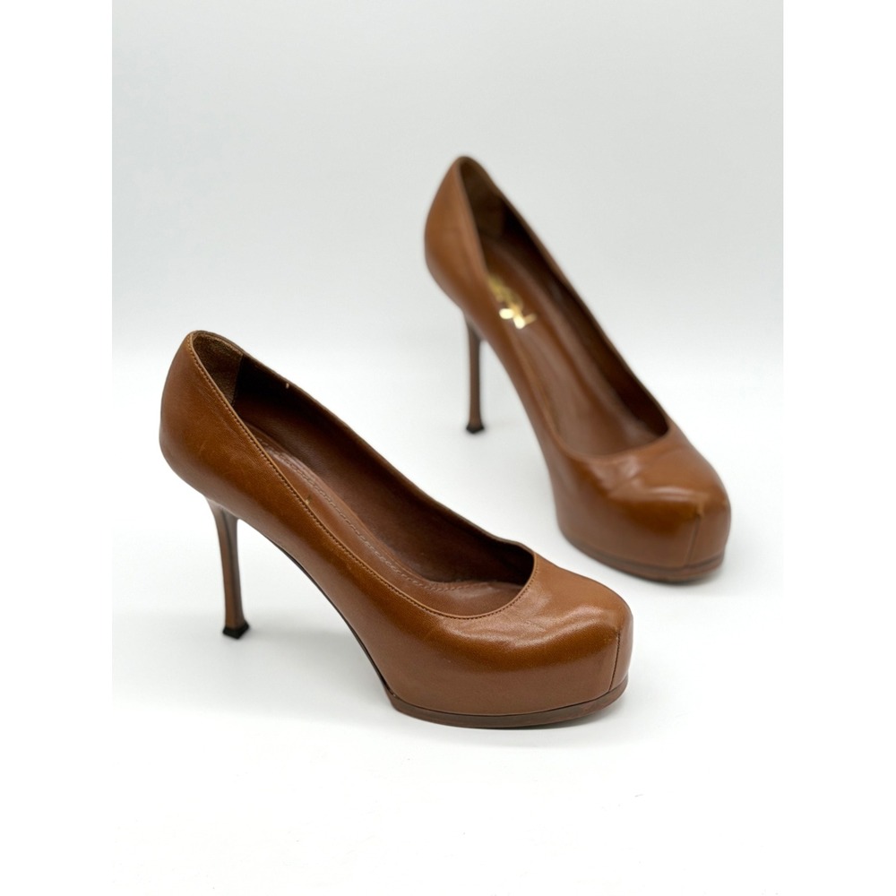 YVES SAINT LAURENT YSL Tribtoo Pumps 38 Brown Leather Platform Stiletto Heels